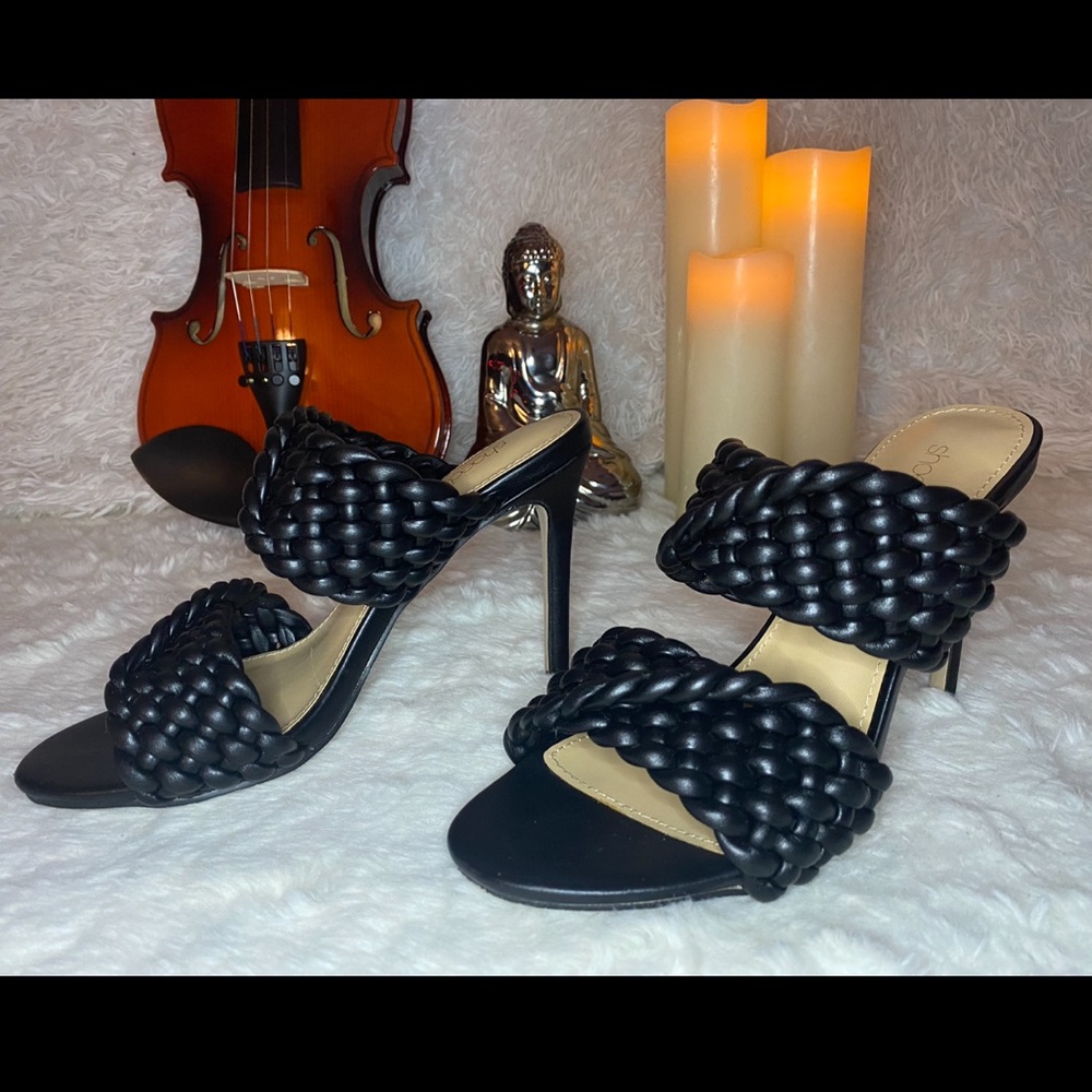 Black Heeled Sandal | Braided Vamp Straps